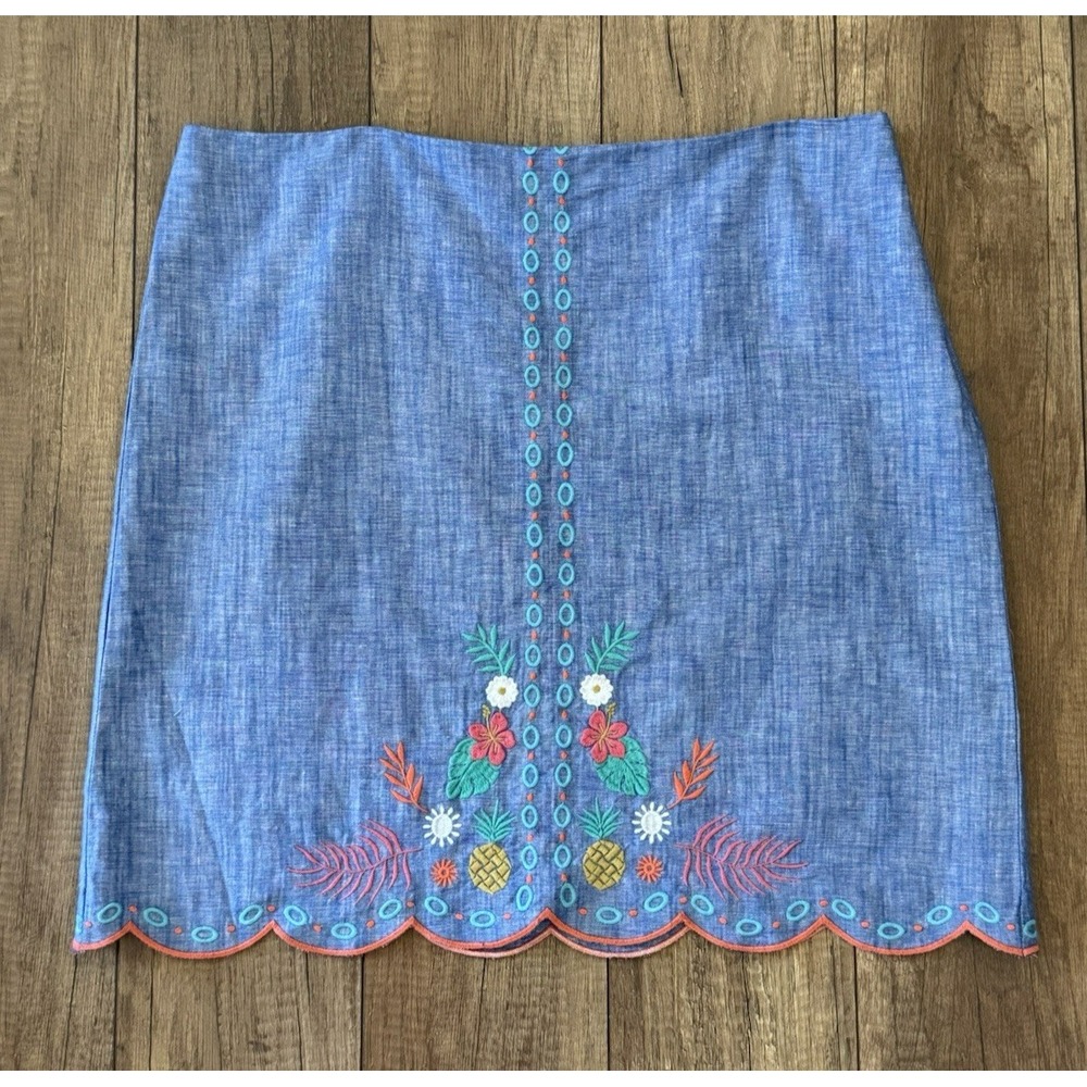 NWT Talbots Chambray Blue Embroidered Linen Blend A-Line Skirt Sz 16 Tropical